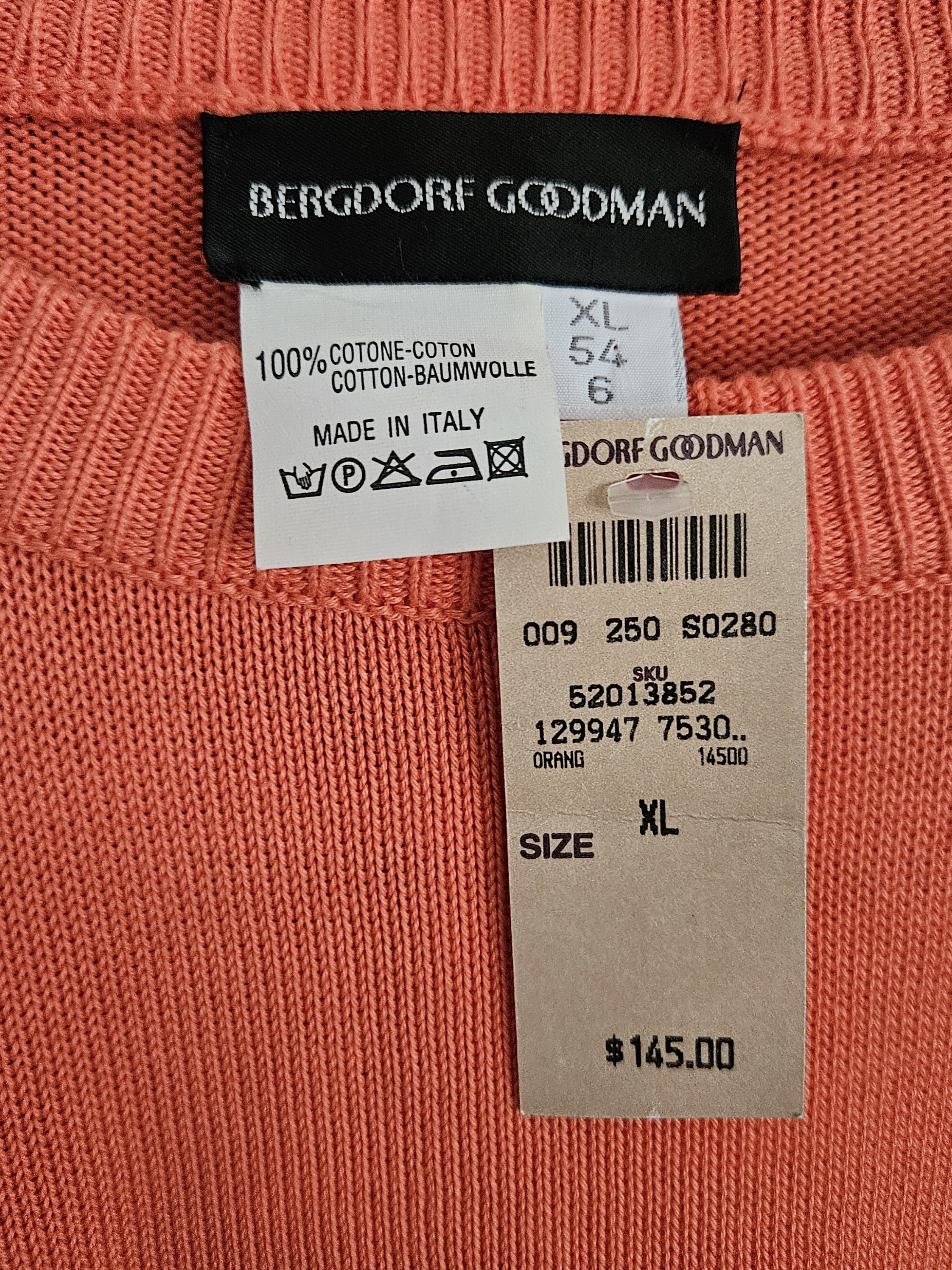 Mens Vintage Bergdorf Goodman 100% Coton Sweater Orange/Salmon Size Xl — image 2 of 7
